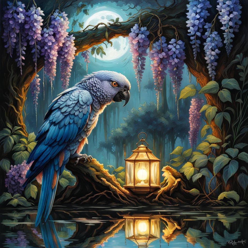 Bioluminescent Parrot in Fantasy Wisteria Pond
