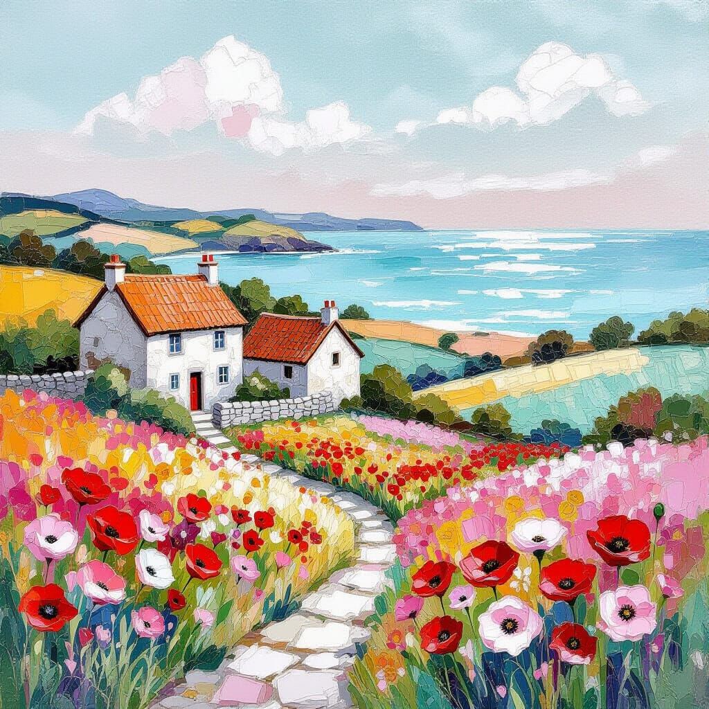 Whimsical Mixed Media Landscape with Stone Cottages and Popp...