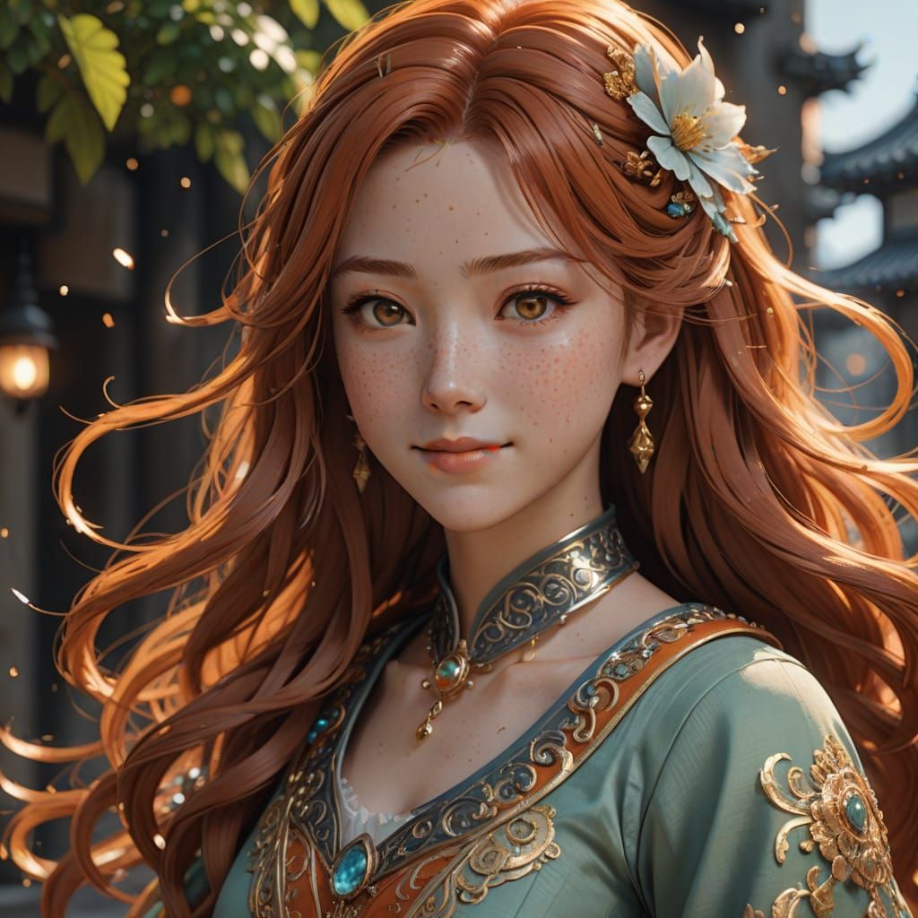 Anime Art of Happy Woman in Sea Foam Dress