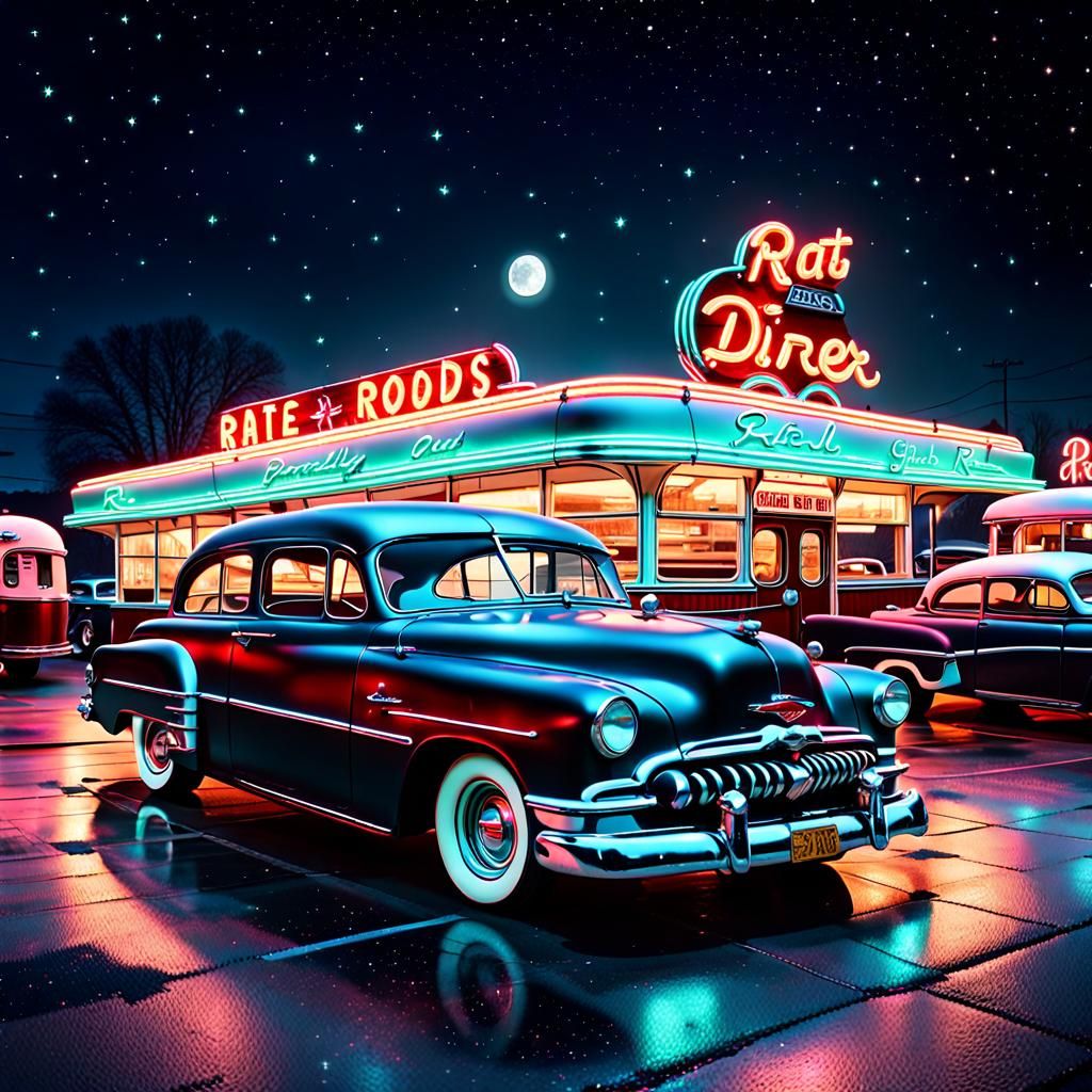 1950s Diner with Neon Glow and Rat Rods
