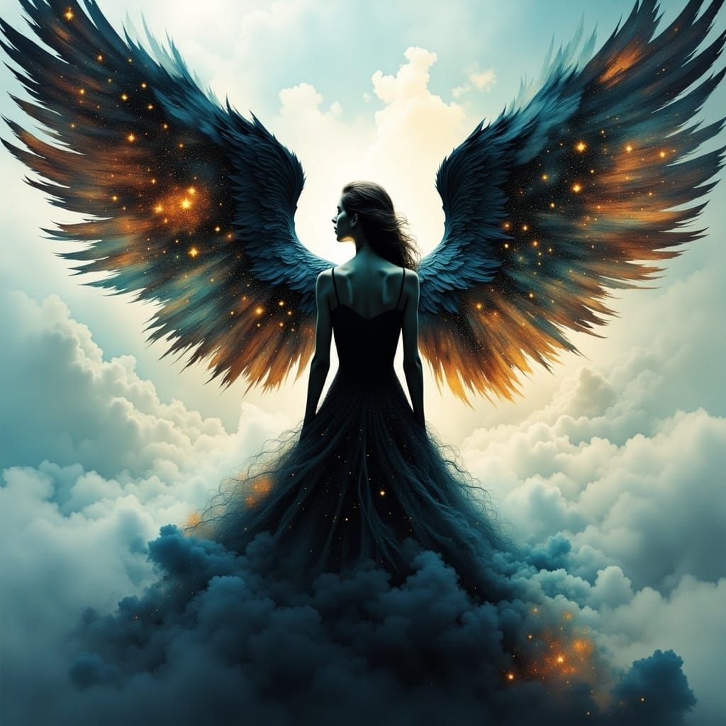 Angel Silhouette with Astral Pattern in Digital Oil Painting