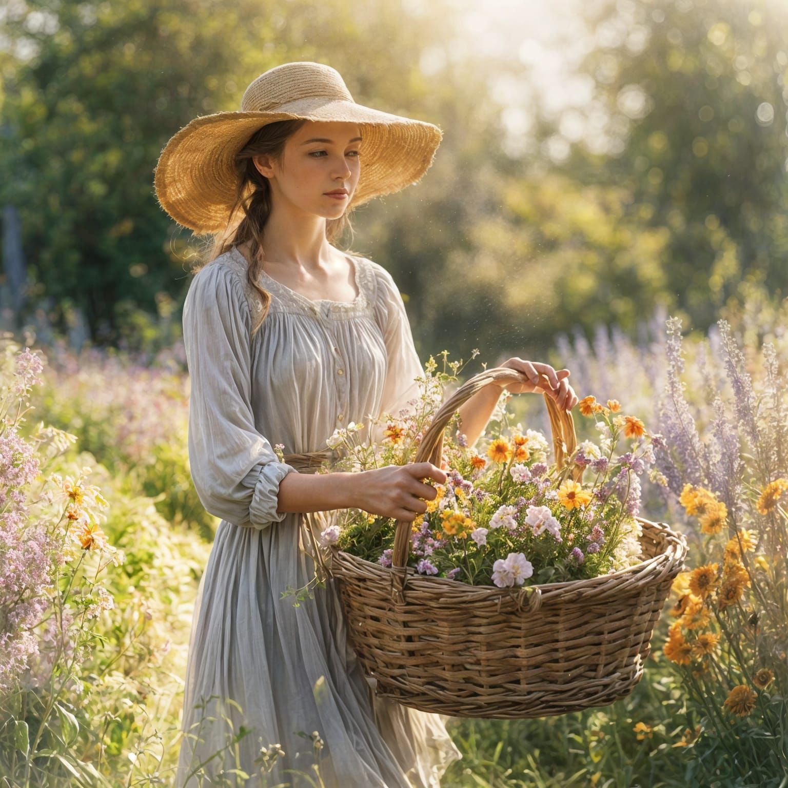 Garden Scene with a Beautiful Girl Picking Flowers