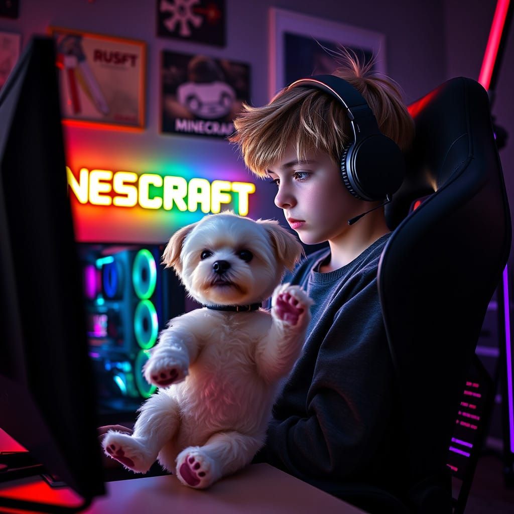 Whimsical Gamer's Paradise with Shih Tzu Companion