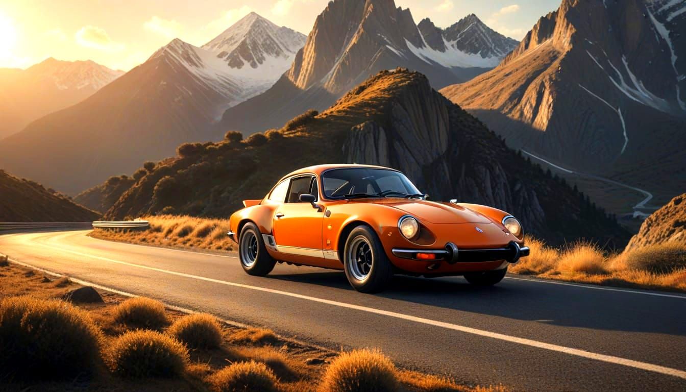Golden Alpine A110 on Mountain Pass at Golden Hour