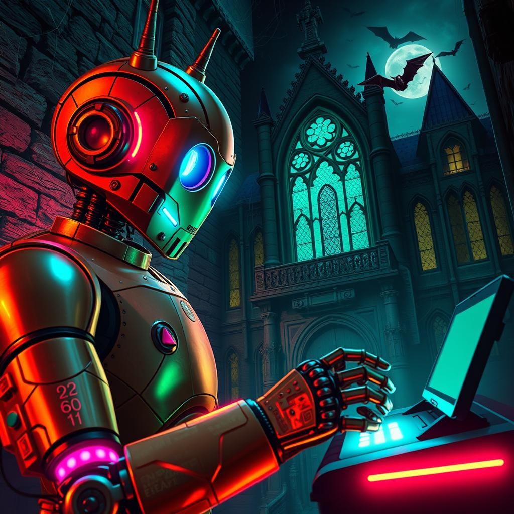 Cyberpunk Robot Gamer in Gothic Castle