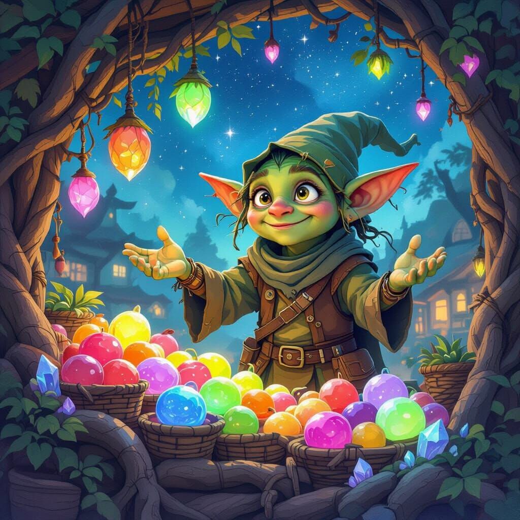 Goblin Market with Bioluminescent Fruit in Watercolor Style