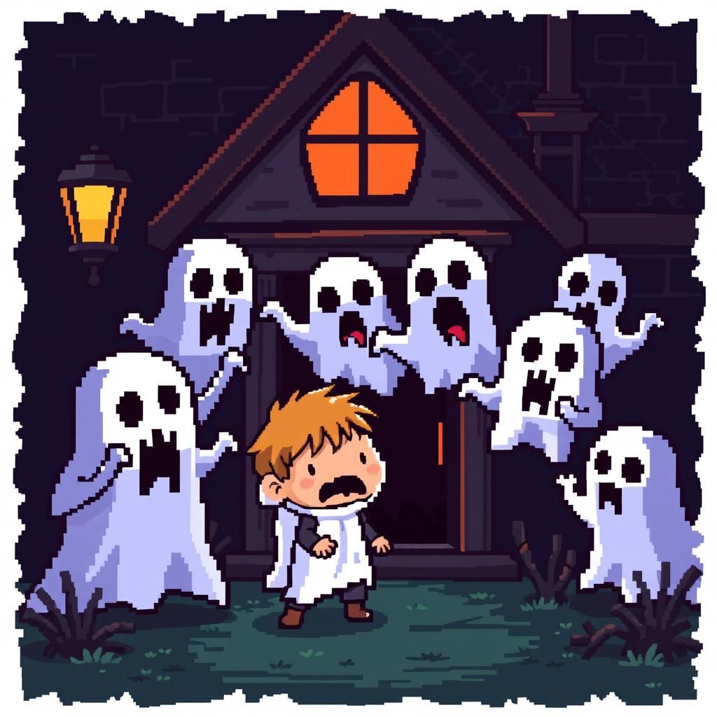 Chibi Ghosts Scare Kid: 16-bit Pixel Art