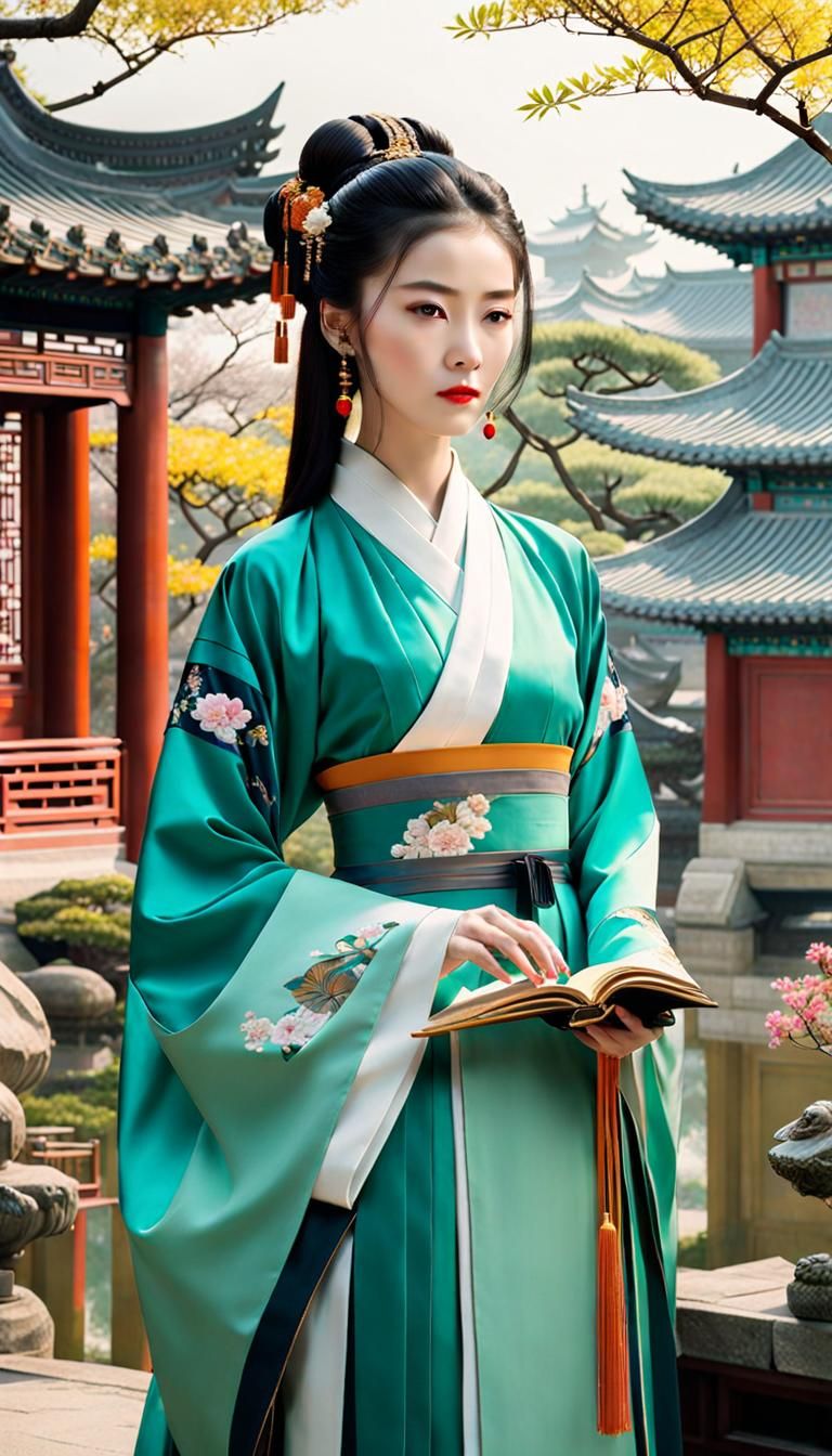 Female Scholar in Cassette Futurism Chinese Garden