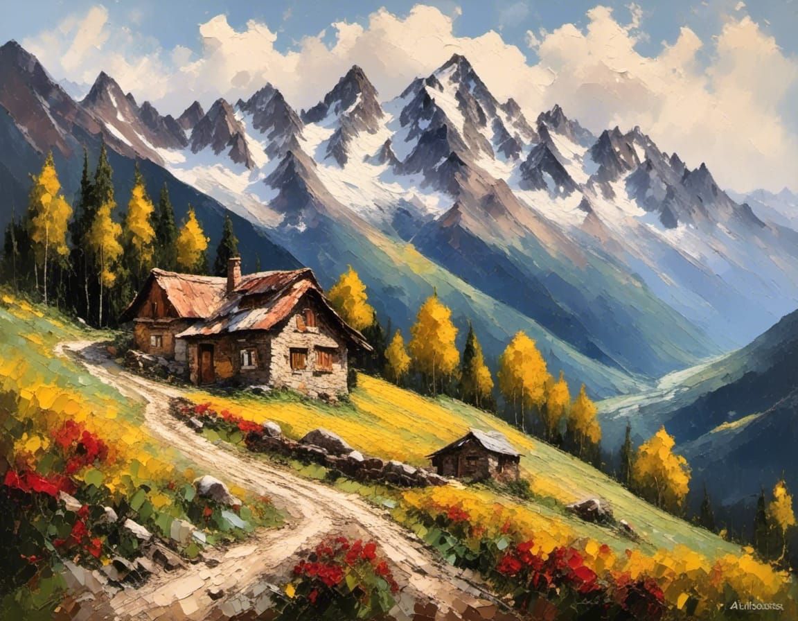 Swiss Alps Cabin in Impasto Style