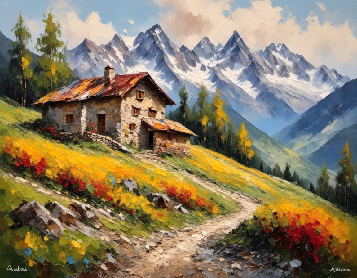 Swiss Alps Landscape with Stone Cabin as Impasto Painting
