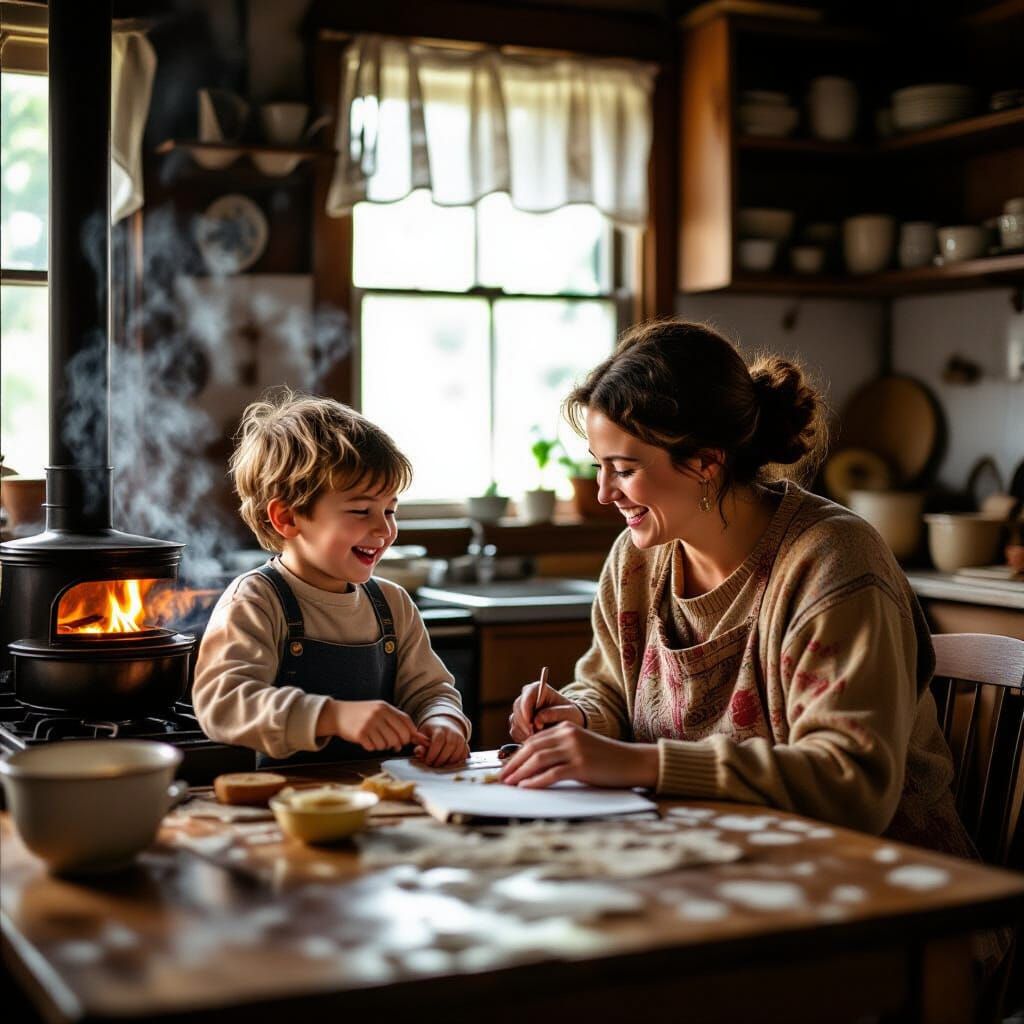 Loving Family in Modest Home: Cooking and Homework