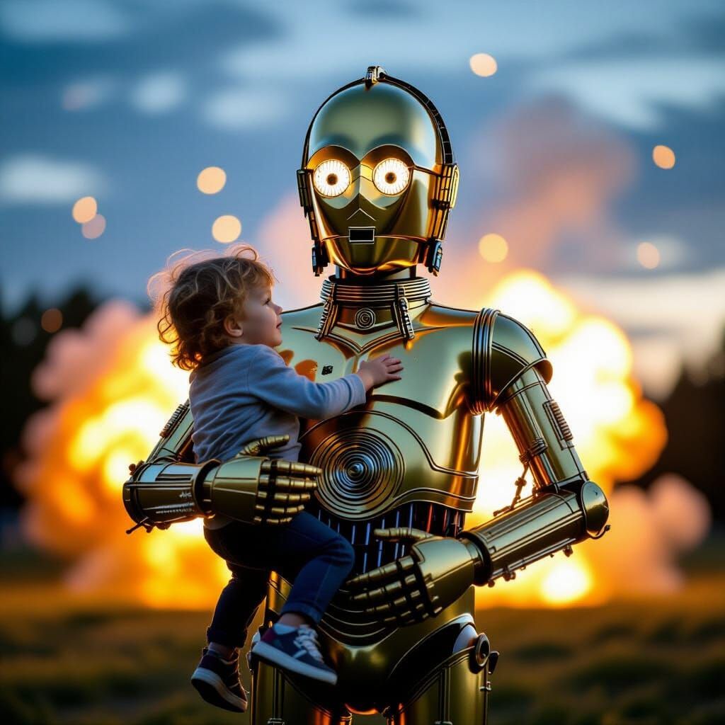 Giant Robot Rescues Child from Explosion: Photography Style