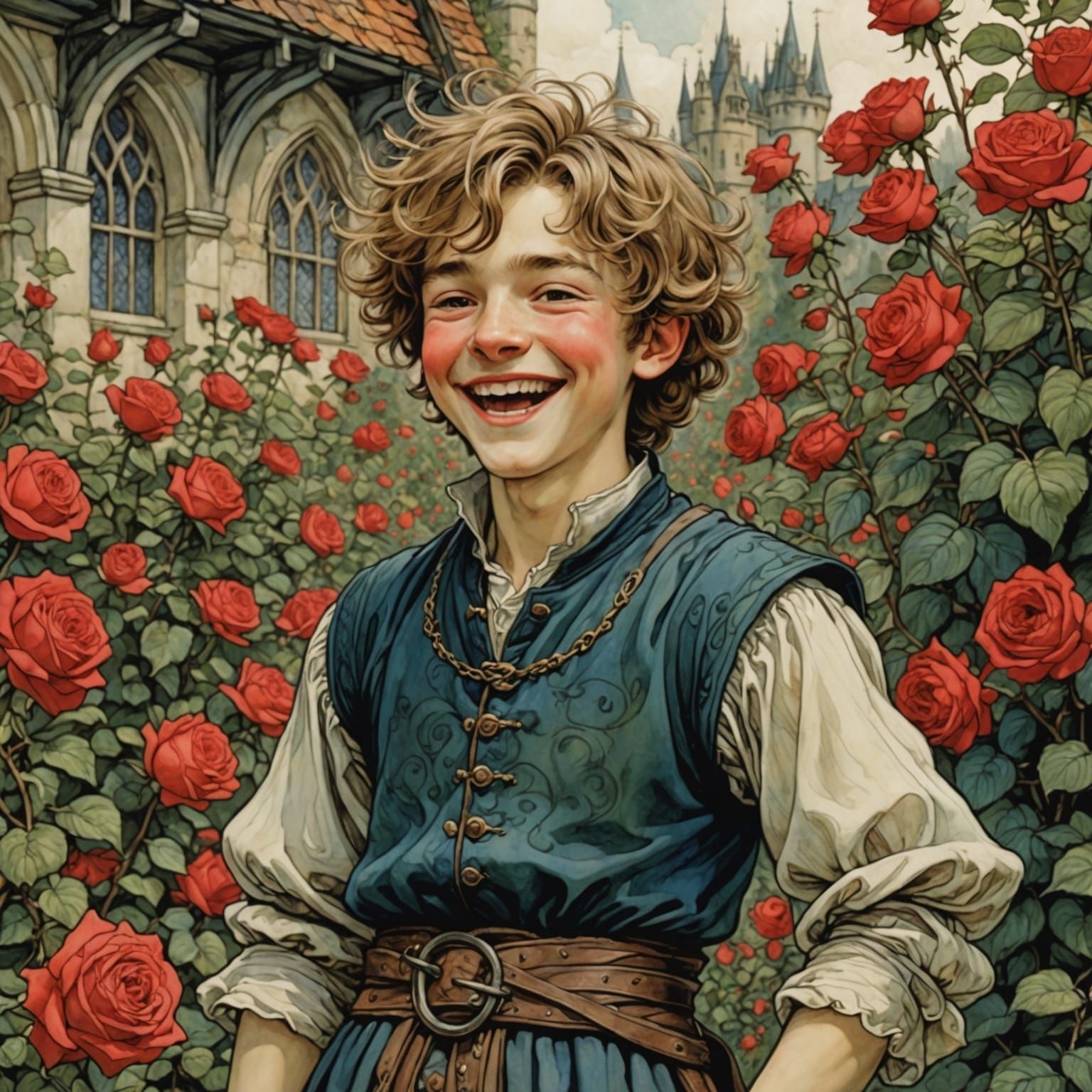 Laughing Boy in Medieval Rose Garden, Anime Style