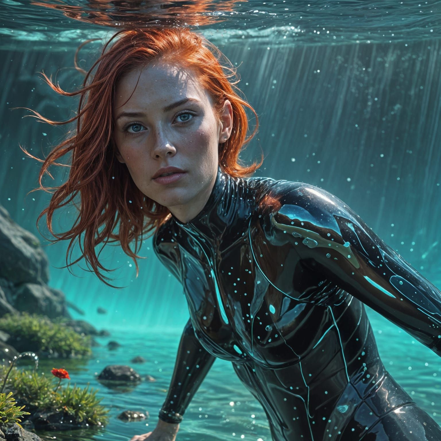 Sensual Red-Headed Mermaid in Futuristic Water