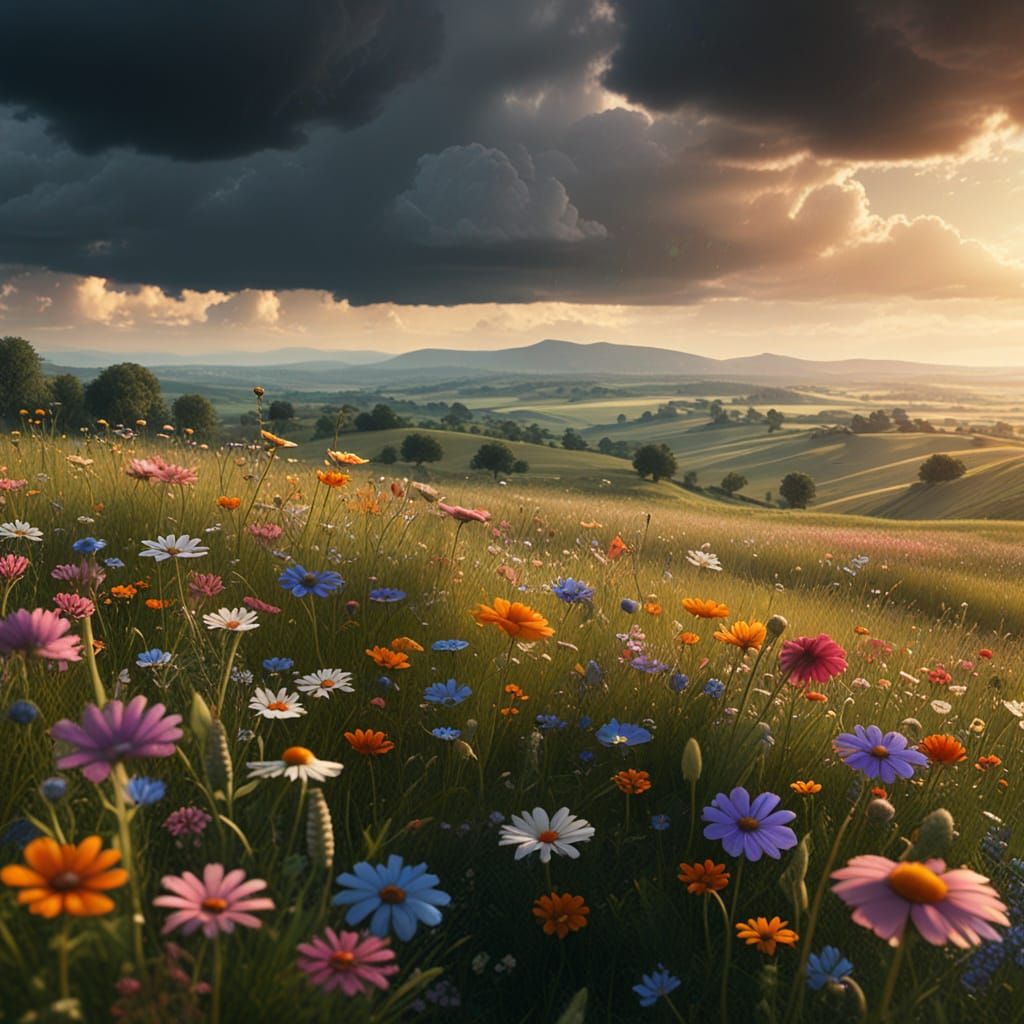 Wildflower Field in Summer Rain: Vivid Digital Art