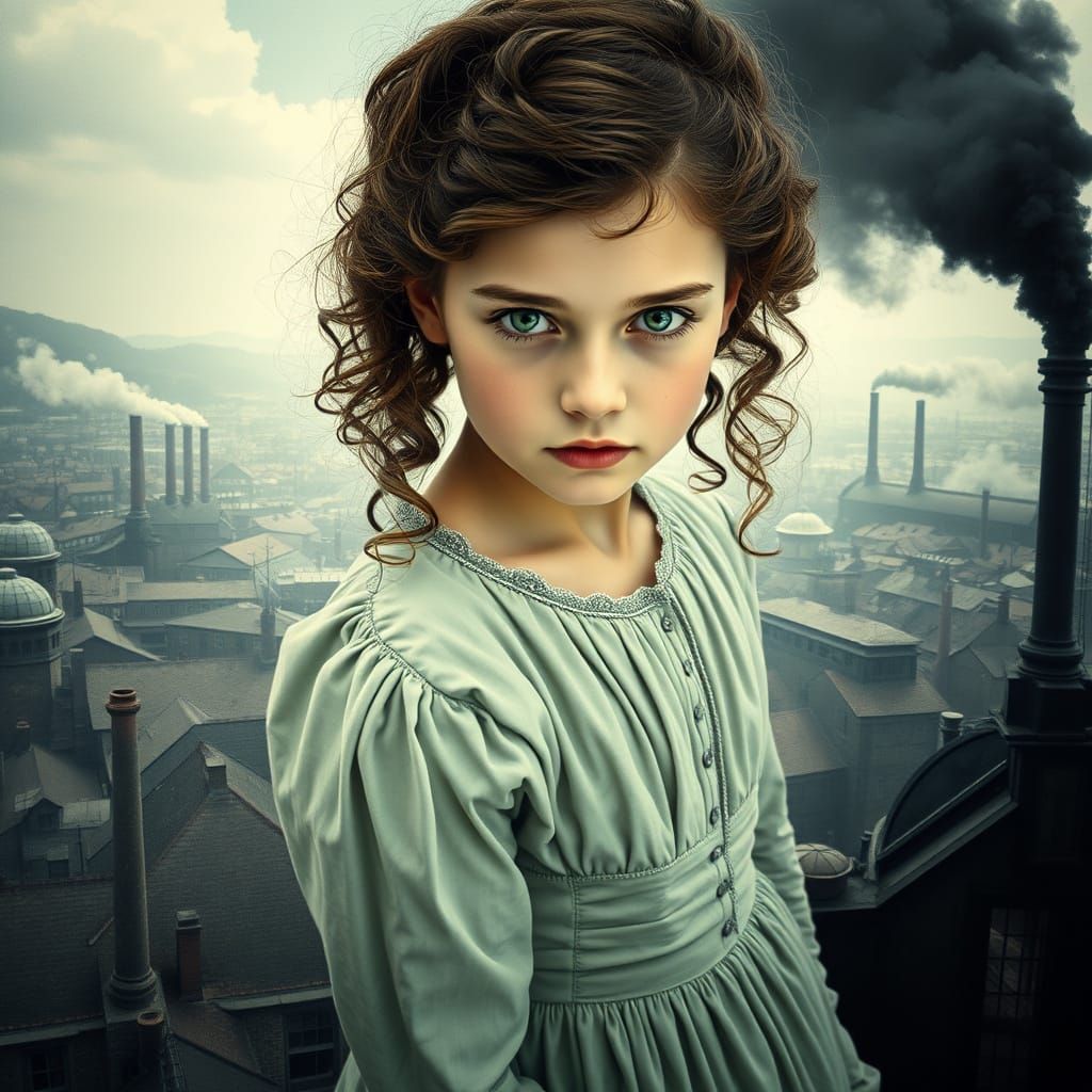 Victorian Girl Amidst 19th Century Industrial Landscape