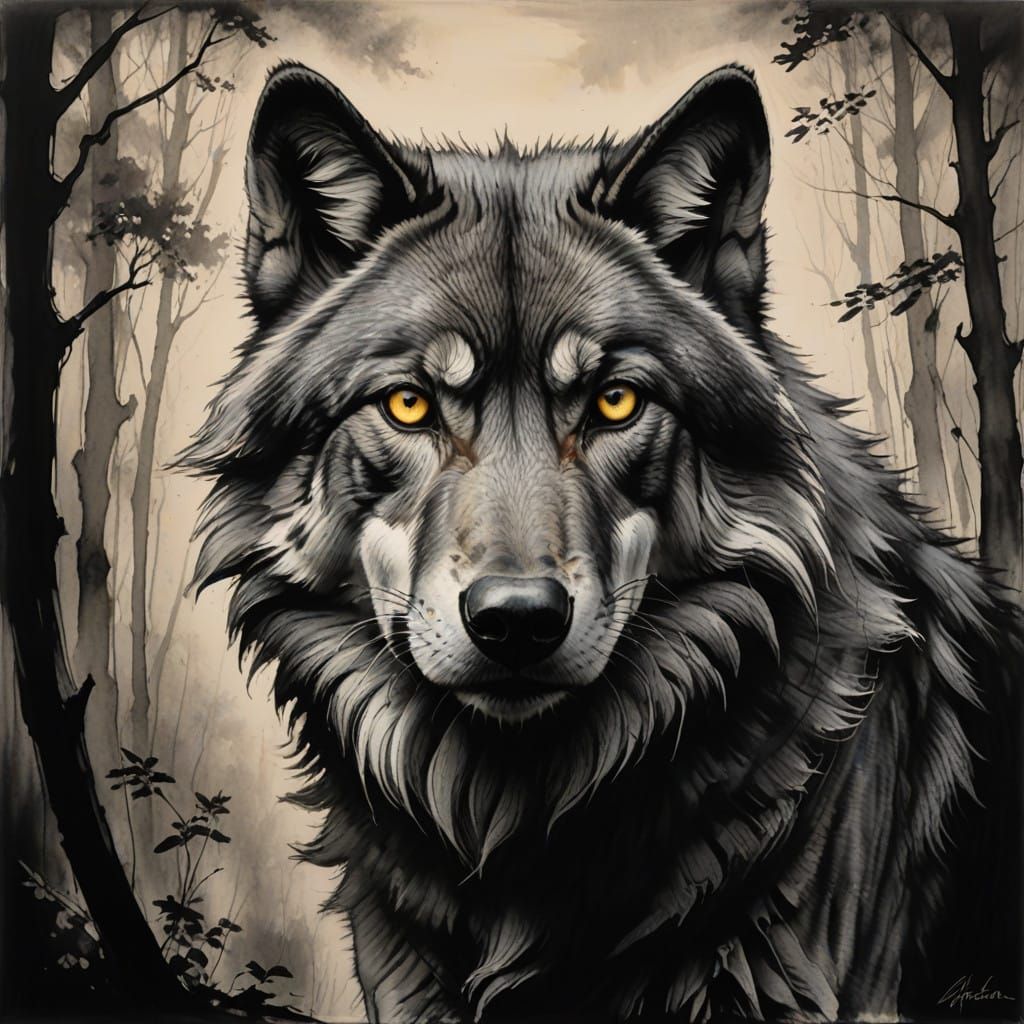 Majestic Gray Wolf in Hyperdetailed Charcoal Drawing Style