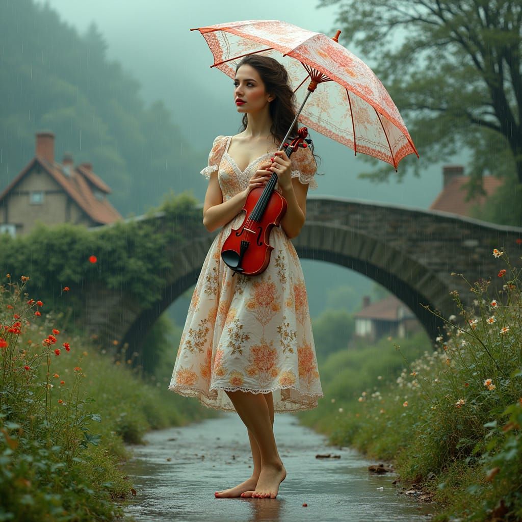 Ethereal Woman in Rainy Landscape with Violin