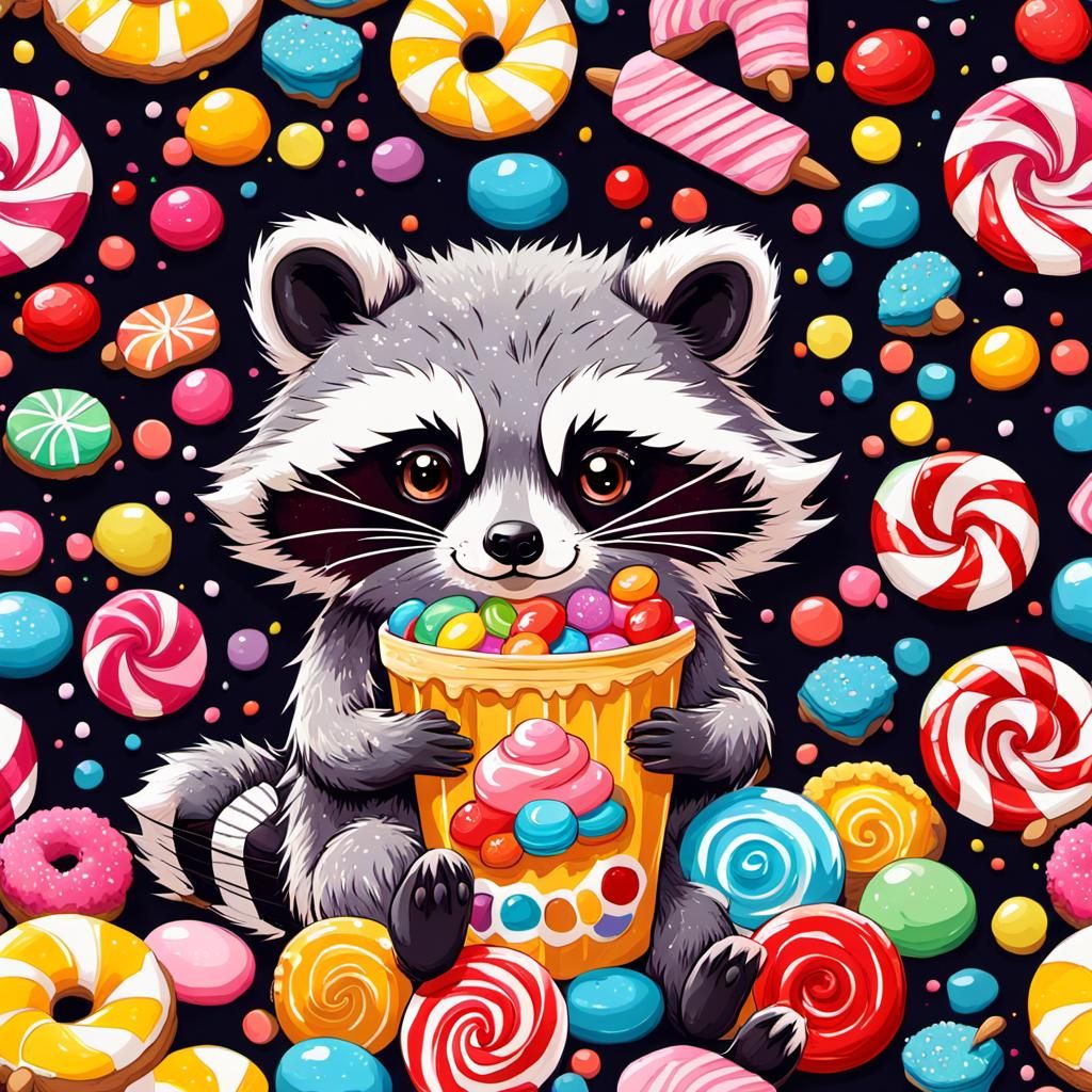 Raccoon Surrounded by Colorful Candy in Anime Style