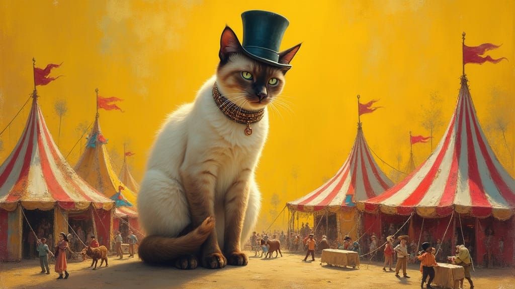 Giant Cat Observes a Flea Circus in Oil Paint