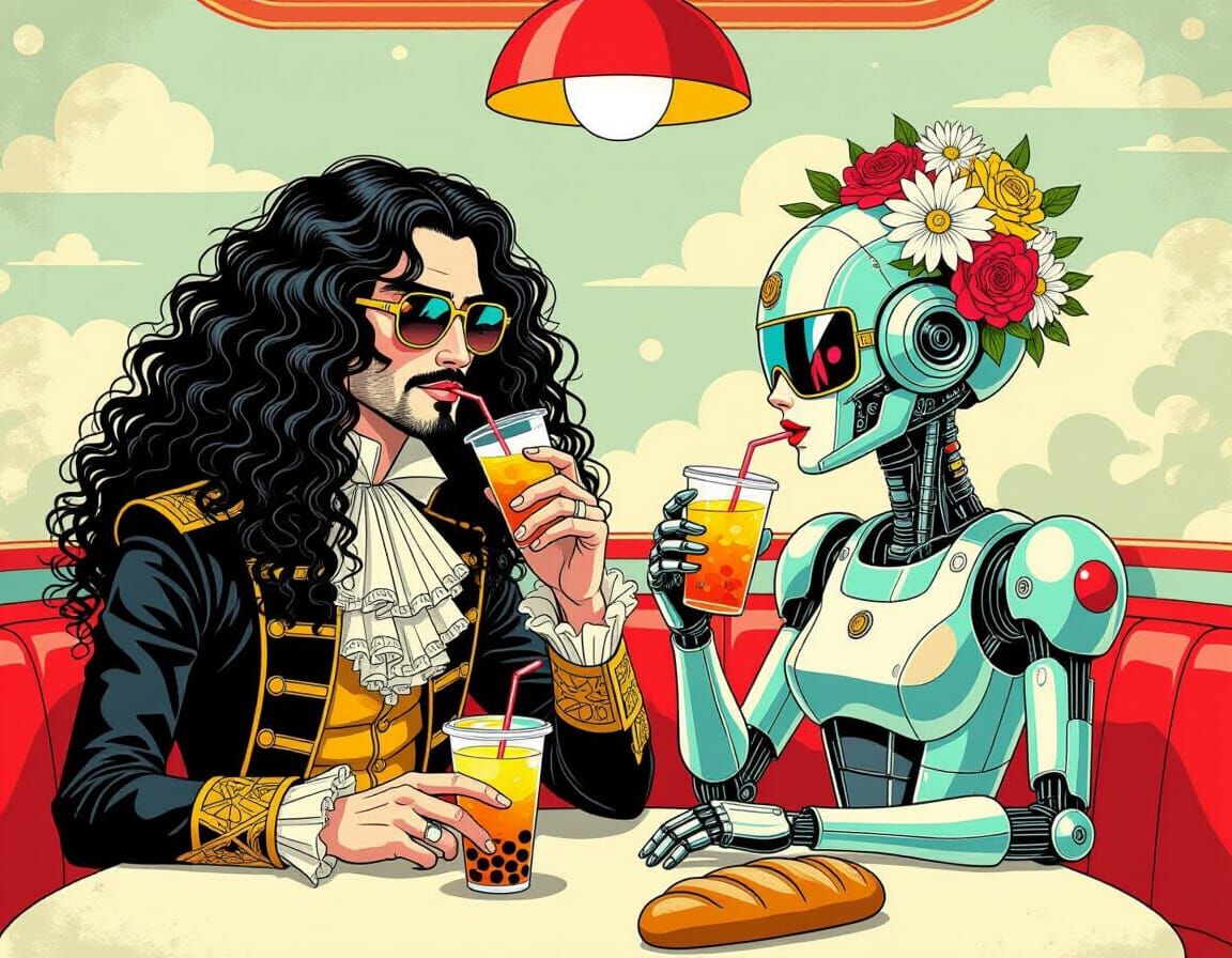 Surreal Diner Scene: Dandy Meets Cyborg