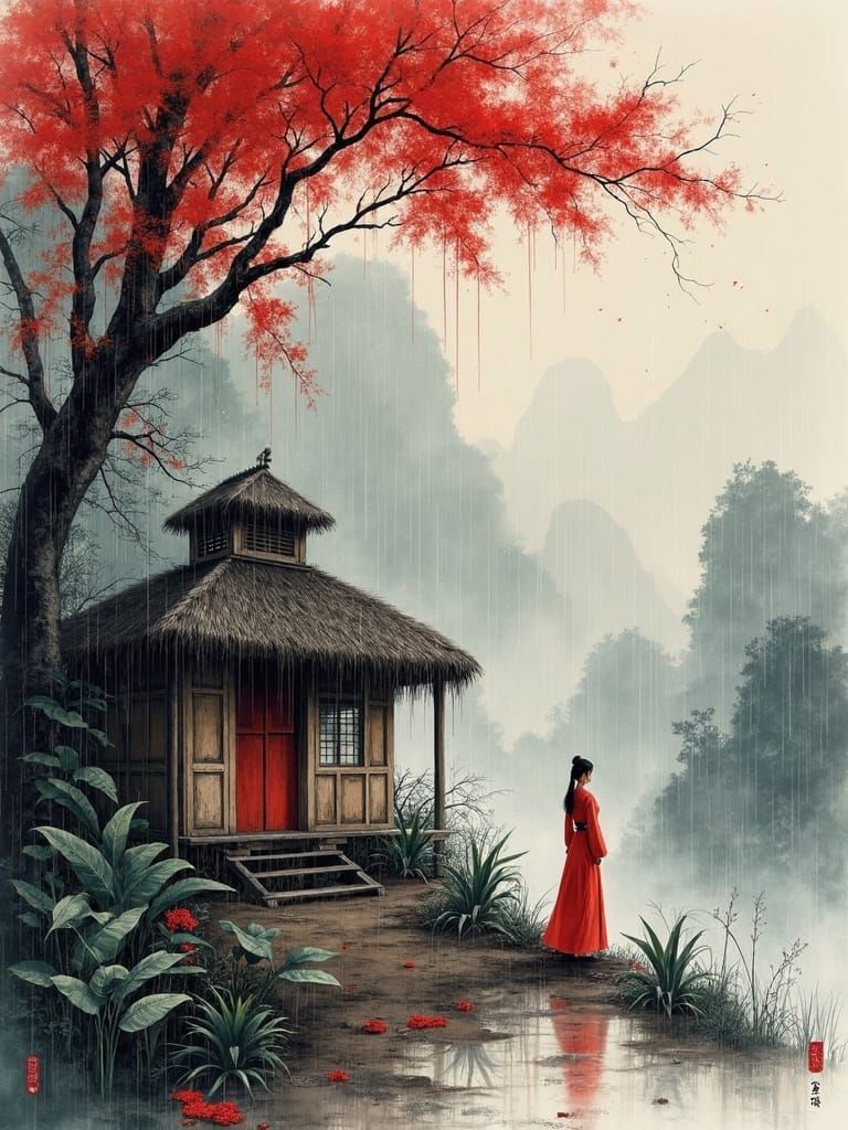 Monsoon Season Ink Painting with Lady in Hanfu