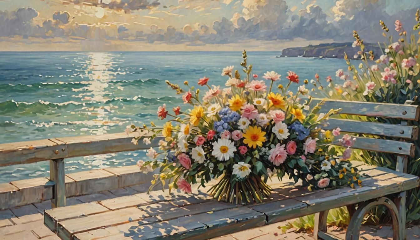 Vibrant Flowers on Seaside Bench in Heavenly Light