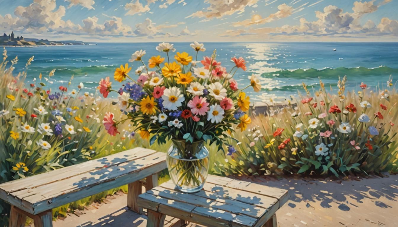 Vibrant Flowers on Seaside Bench in Heavenly Light