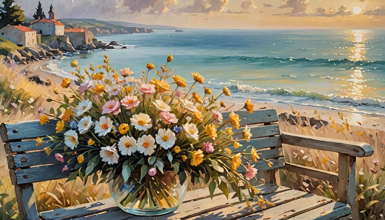Vibrant Flowers on Seaside Bench in Heavenly Light