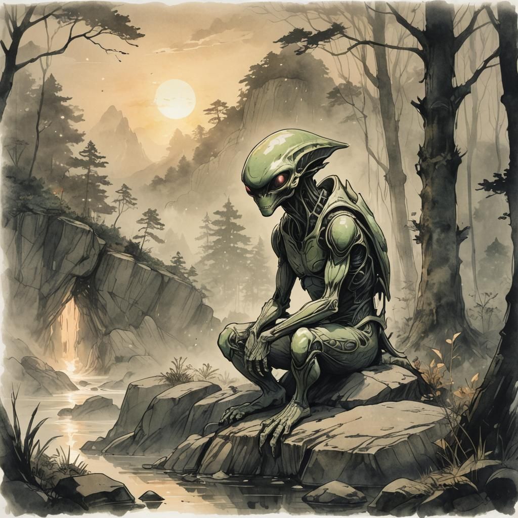 Alien Creature in Misty Forest, Japanese Ink Sketch