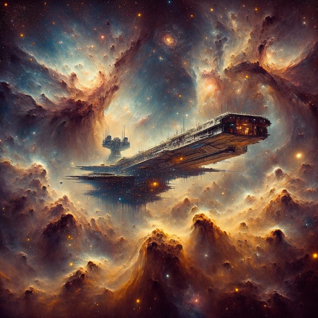 Colossal Spaceship in Cosmic Nebula Galaxy Oil Painting