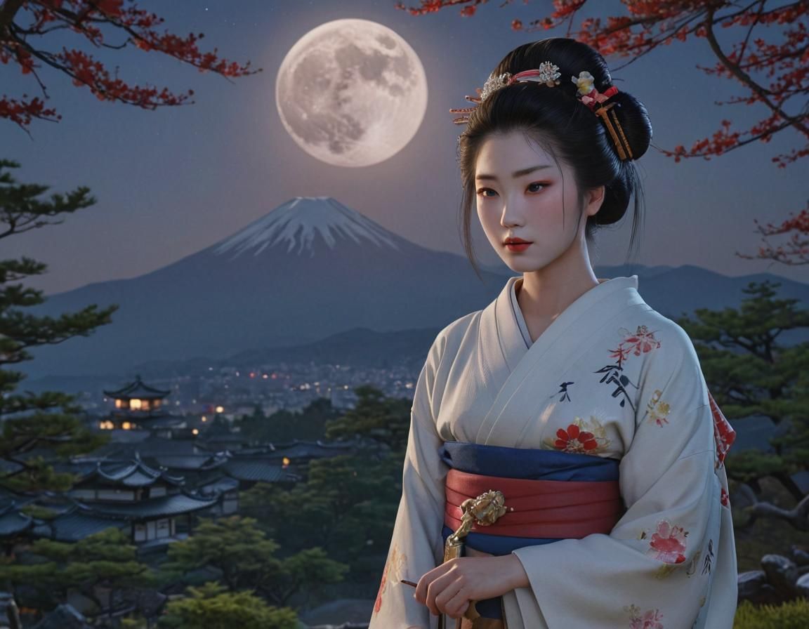 Beautiful Geisha Admiring the Moon, Anime Style