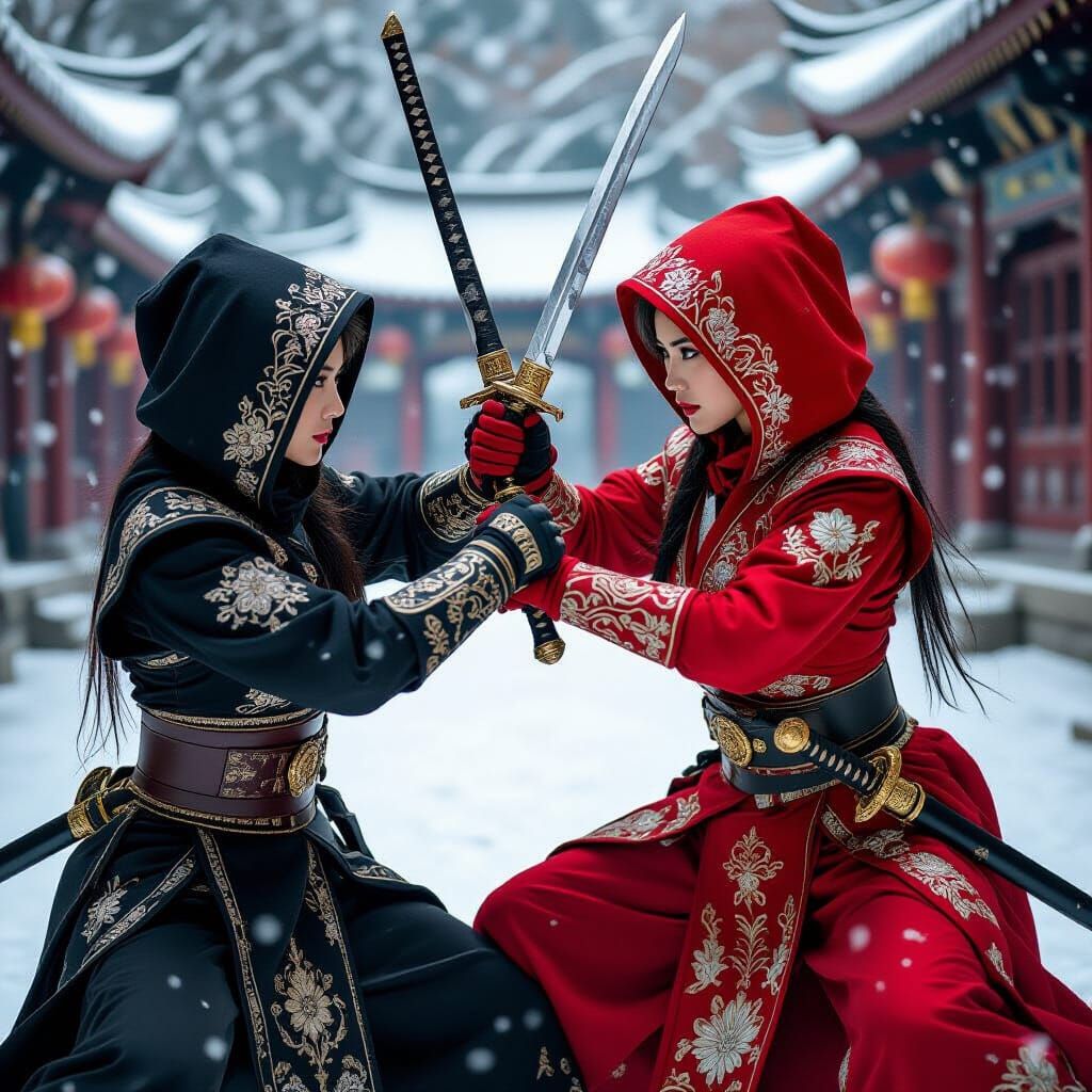 Asian Warrior Women Duel with Ornate Swords in Snow