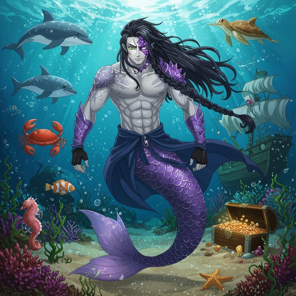 Anime Merman with Purple Scales and Sunken Treasure