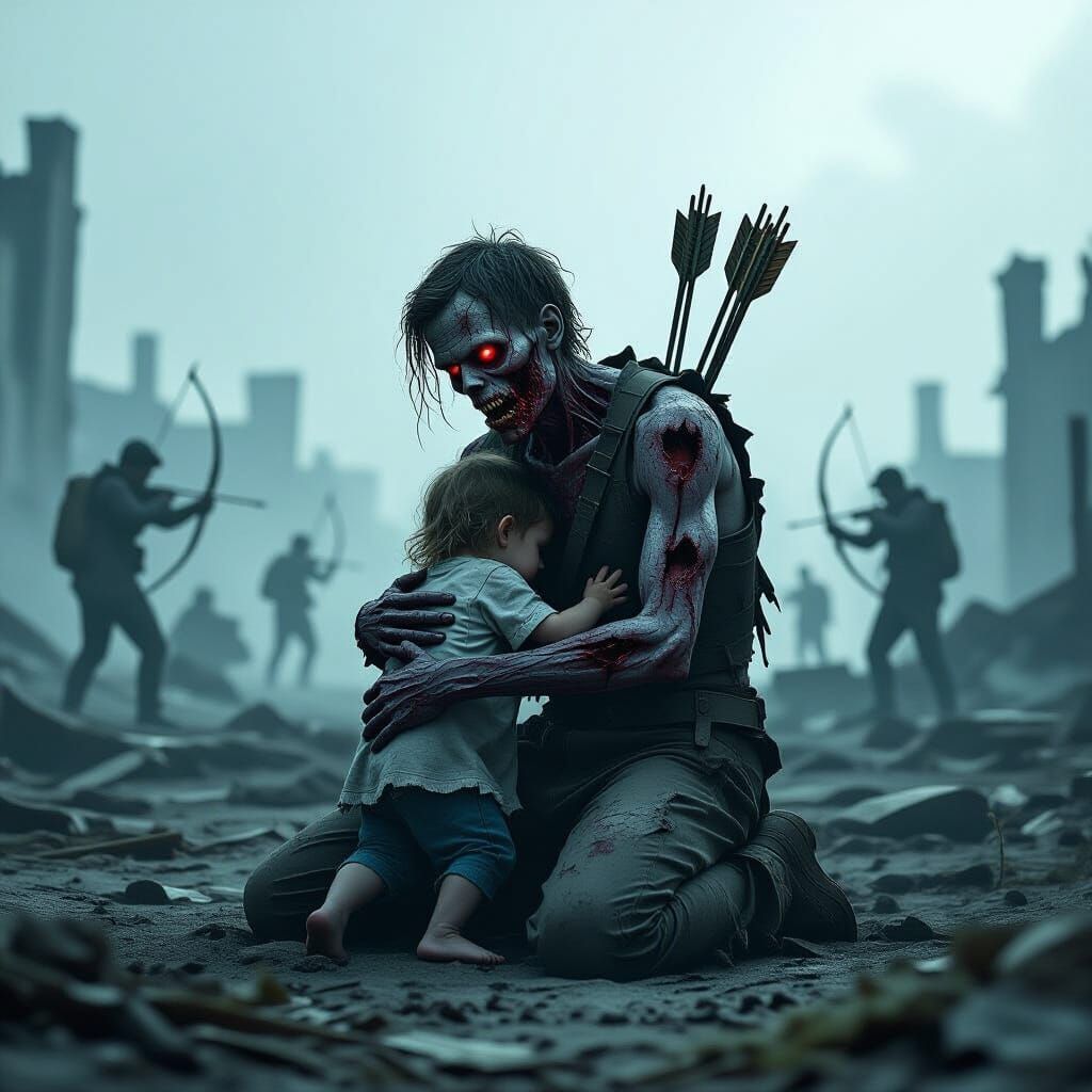 Protective Zombie Shielding Child in Dystopian Landscape