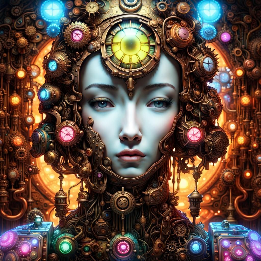 Steampunk Face with Neon Armor and Glowing Runes