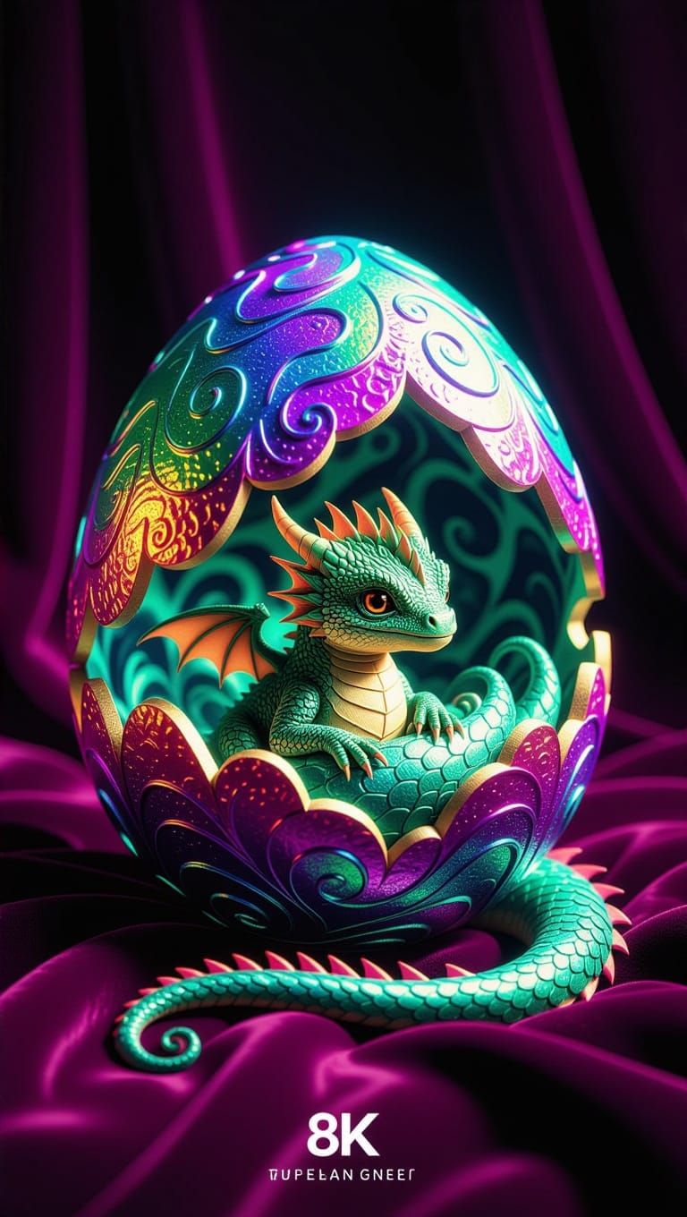 Dreamlike Dragon Egg Cradling a Baby Dragon in Iridescent Gl...
