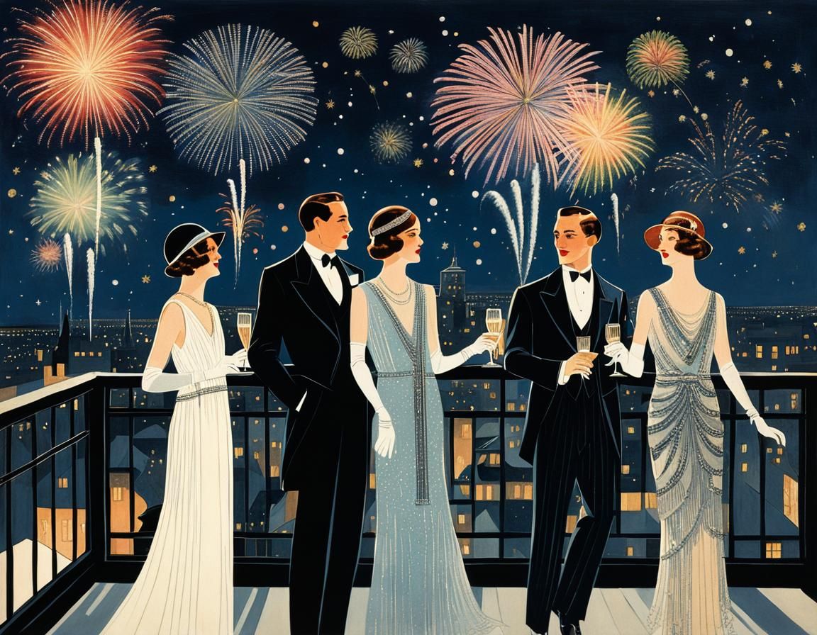1920s Rooftop Party Under Fireworks