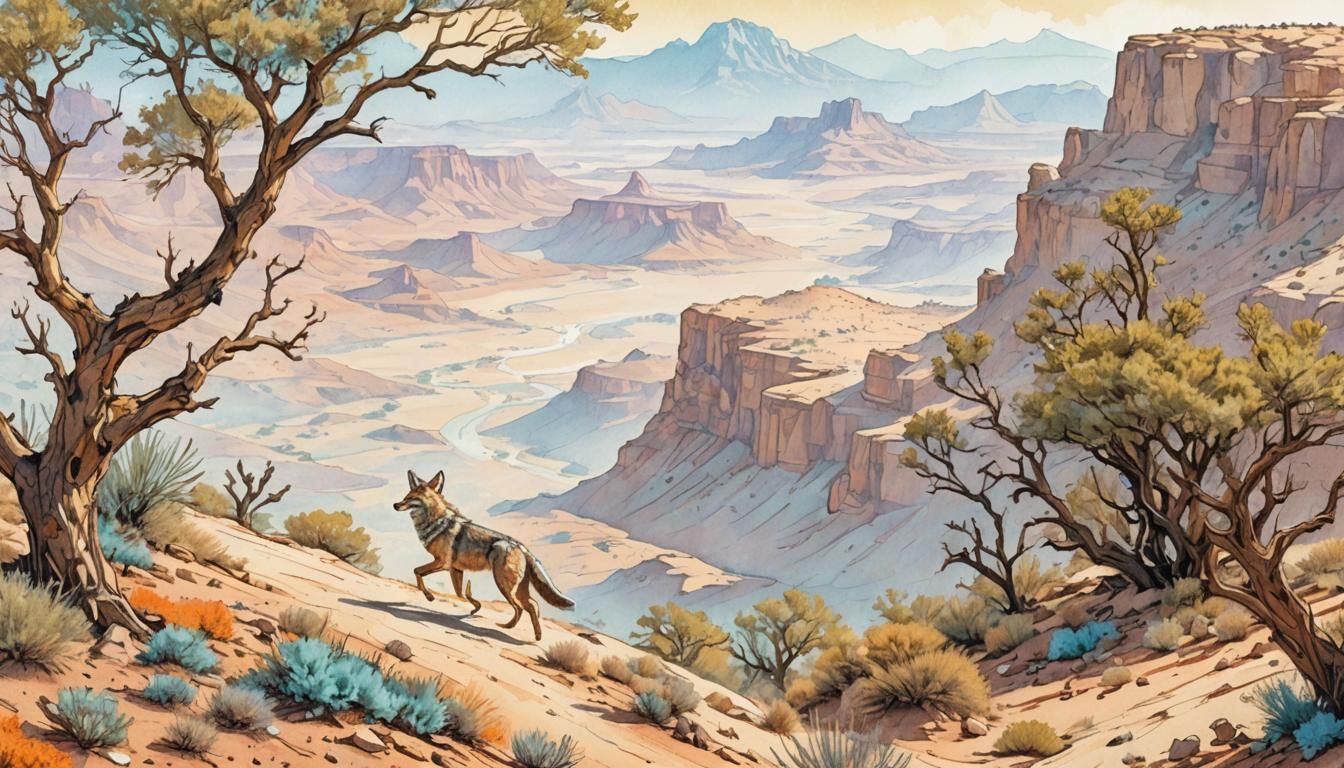 Sonora Coyote in Whimsical Watercolor Comic Art