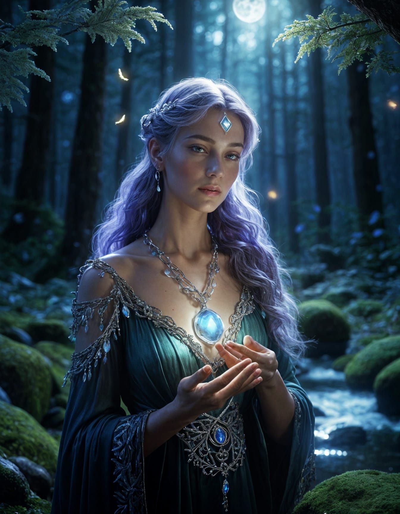 Surreal Moonlit Witch Surrounded by Fireflies in a Fantasy L...