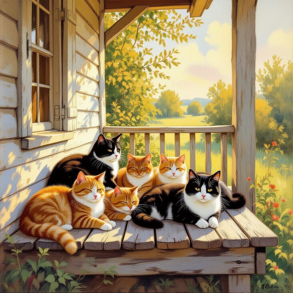 Cats on a Farmhouse Verandah in Impressionist Style