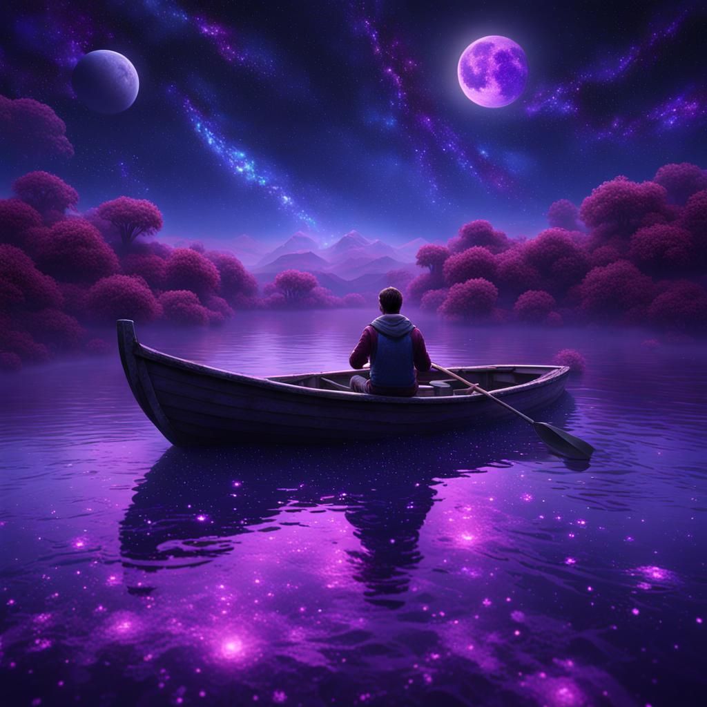 Man in Boat Gazing at Purple Starry Night