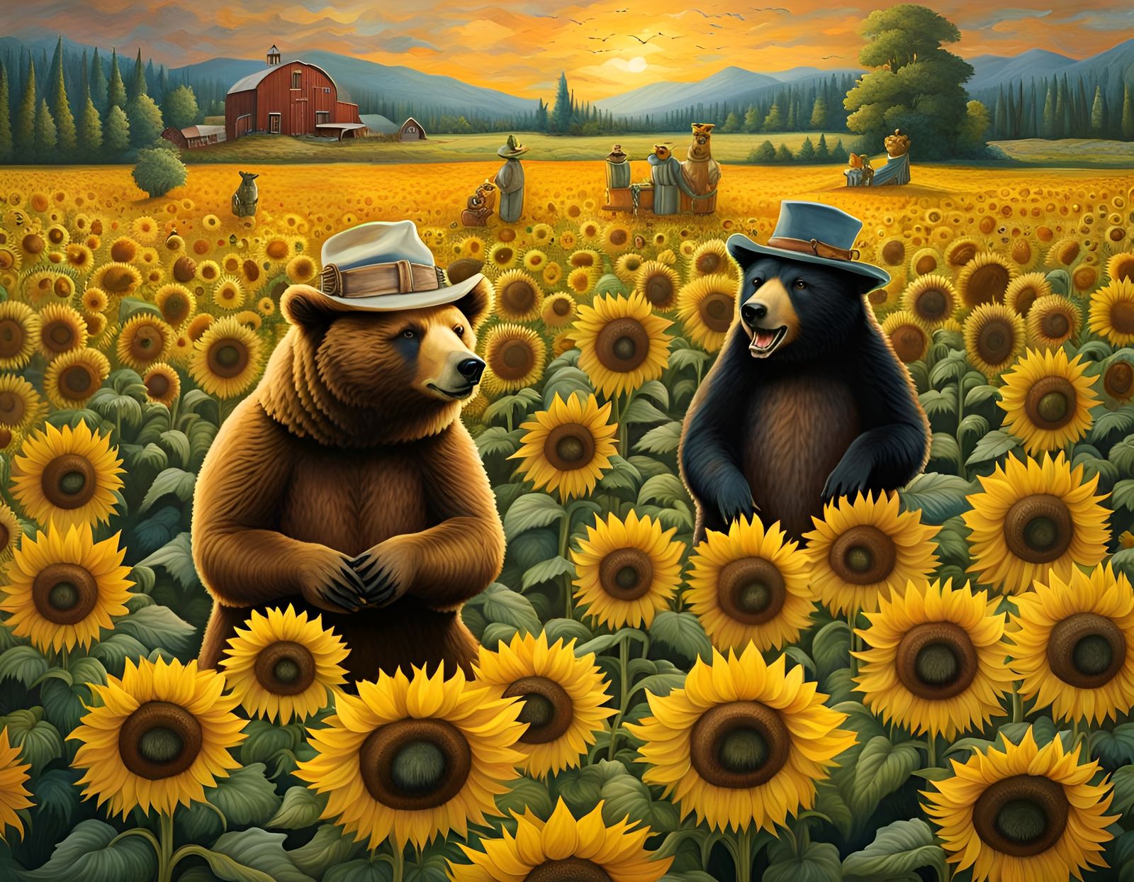 Bears in Hats Picnic with Giant Sunflowers