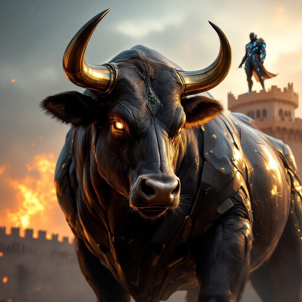 Majestic Bull with Golden Horns and Futuristic Matador