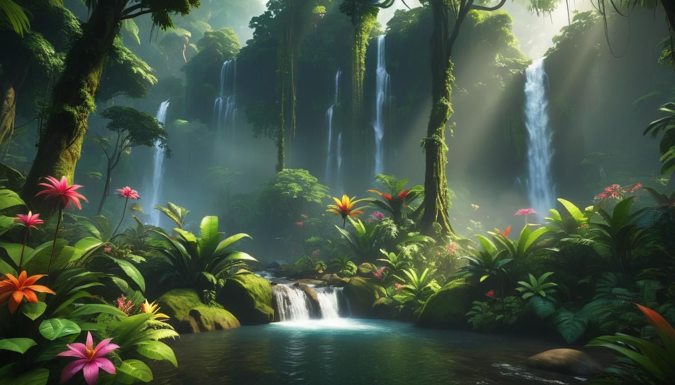 Lush Tropical Rainforest Scene with Waterfall