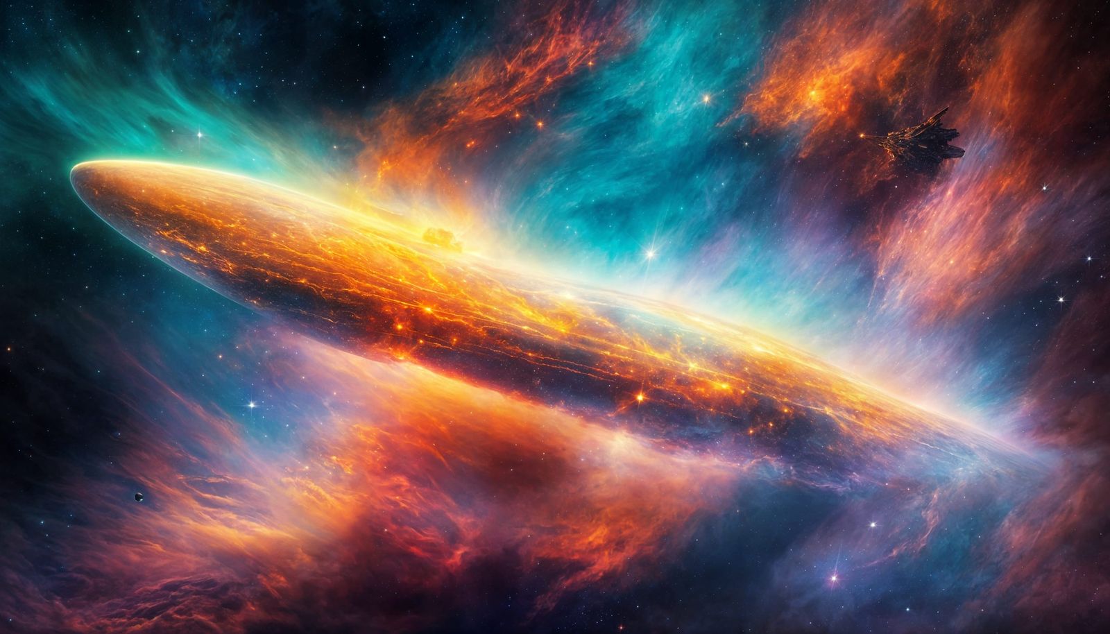 Spaceship Soaring Through a Vibrant Nebula