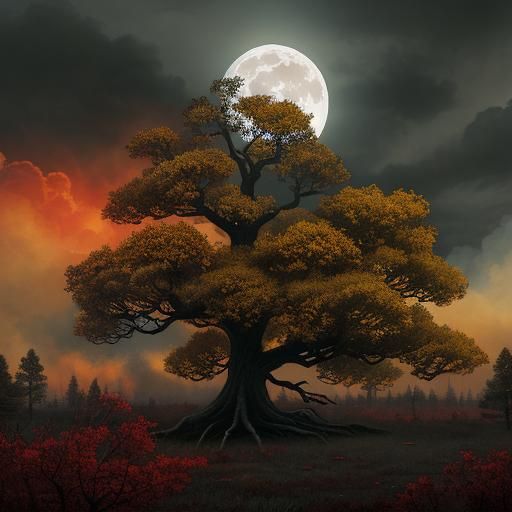 Moonrise Through Clouds Beside Tree
