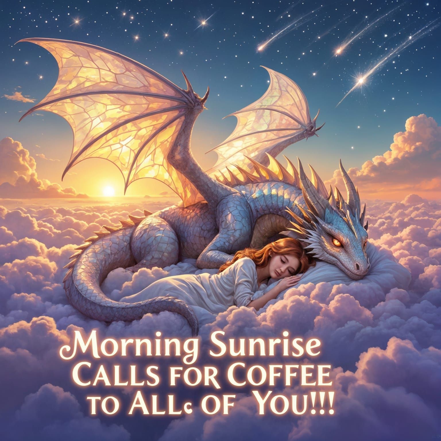 Cosmic Dragon Snuggling with Woman in Lavender Clouds