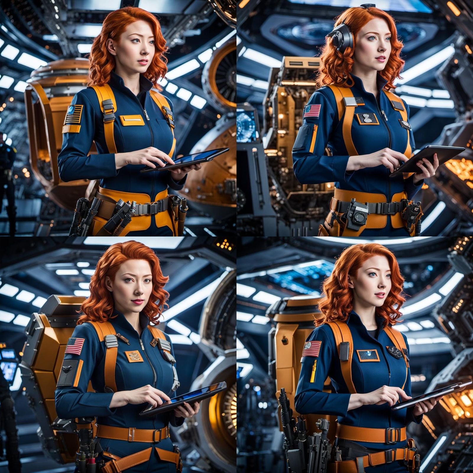 Ginger Space Engineer with Tablet and Starship, Anime Style