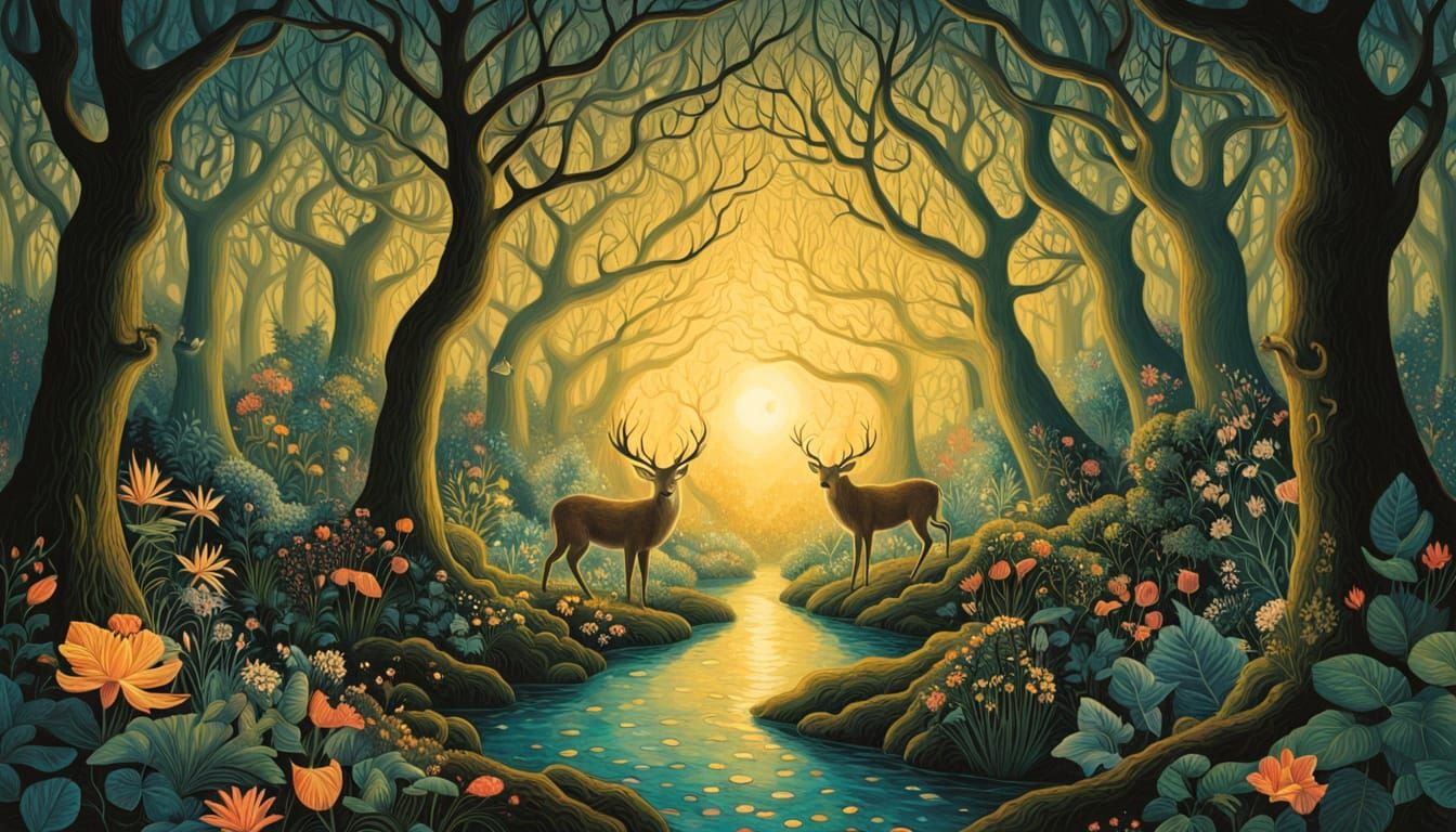 Seven Women Emerge from the Forest in Vibrant, Ethereal Art